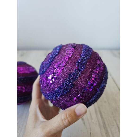 Purple sequin stripe beaded large ornament unique set Xmas tree - Picture 2 of 6